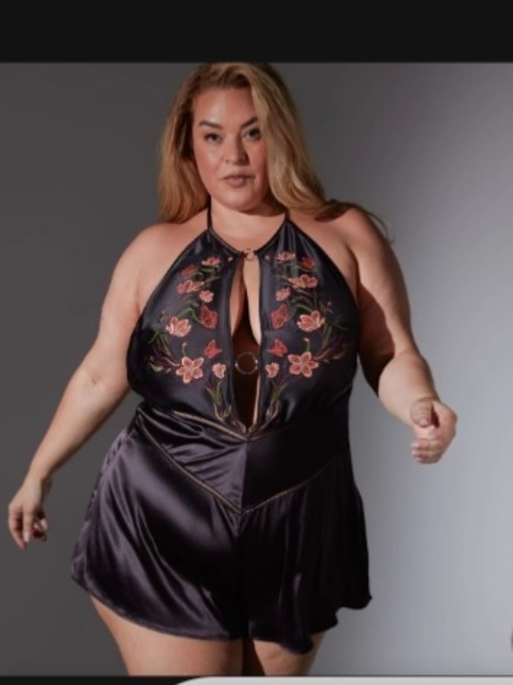 Thistle and Spire Black Satin Halter Romper with Pink Floral Embroidery